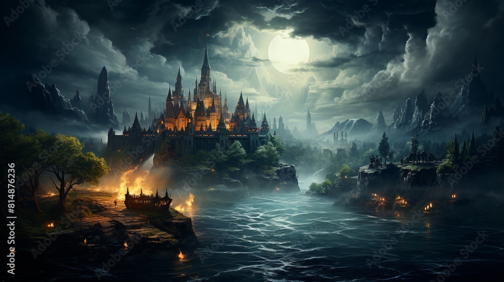 Fototapeta premium A painting depicting a majestic castle on a hill during a stormy night. The castle looks imposing and stately, but its towers and walls are streaked with wind and lightning illuminating the dark sky.