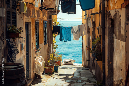 A narrow alleyway with a view of the ocean