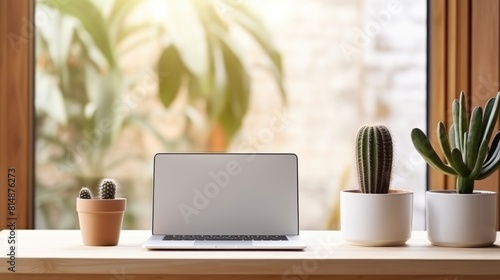 Laptop with blank screen on wooden table with green plant in pot. Mock up