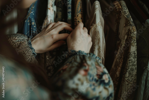A woman is looking at a rack of clothes