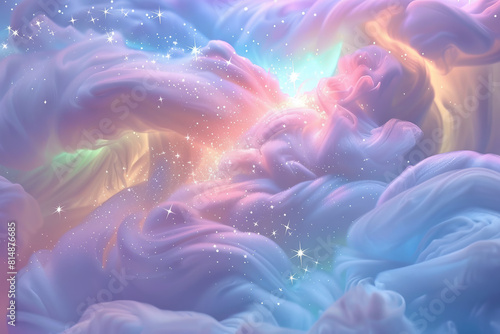 A colorful cloud filled with stars and a rainbow