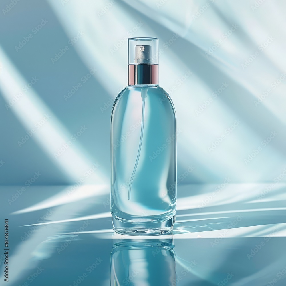Sleek perfume bottle with a spray nozzle under dynamic blue lighting Sleek perfume bottle with a spray nozzle under dynamic blue lighting