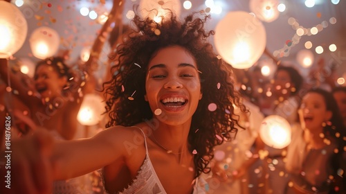 A group of friends dances joyfully amidst a swirl of confetti and balloons  their faces illuminated by the warm glow of lanterns hanging overhead  creating a magical and festive atmosphere.