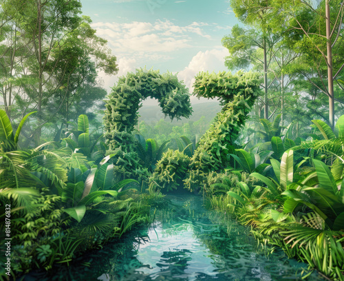 Concept depicting the issue of carbon dioxide emissions and its impact on nature in the form of a pond in the shape of a co2 symbol located in a lush forest 3d rendering © Sattawat