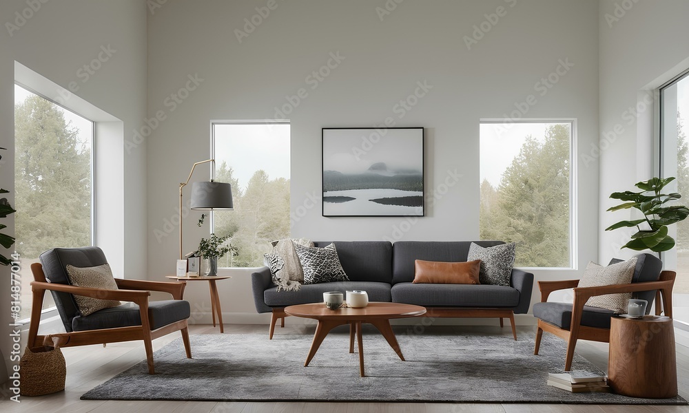 Fototapeta premium Scandinavian Elegance: Cozy Living Room with Light and Dark Contrasts, Crisp Whites, Warm Wood Tones, Charcoal Gray Accents, Iconic Scandinavian Furniture, Modular Sofa, Mid-Century Modern Coffee Tabl
