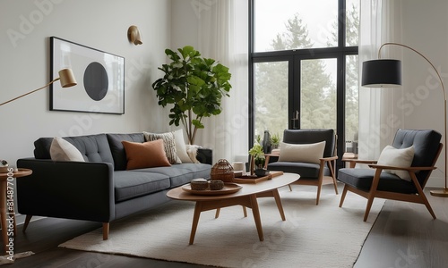 Sleek Scandinavian Living Cozy Room, Light-Dark Tones, Iconic Furniture, Natural Light photo