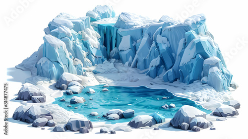 Contrast of Glacier and Hot Springs: Isometric Flat Design Icon Illustration Showing Stunning Interplay Between Icy Glacier and Geothermal Waters