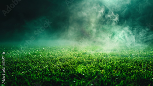 A field of grass is covered in a thick layer of fog