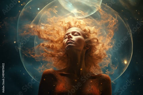 Surreal portrait of a woman with fiery hair inside a celestial bubble against a starry backdrop