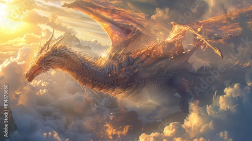 A mystical dragon takes flight against a backdrop of swirling clouds and distant mountains, its iridescent scales shimmering in the sunlight as it soars through the sky, a symbol of power and majesty