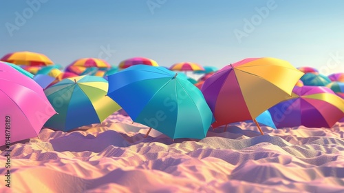 A beach scene with many colorful umbrellas on the sand