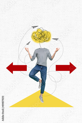 Composite sketch image trend artwork 3D photo collage of headless man keep balance think mind solve puzzle choose direction way move photo