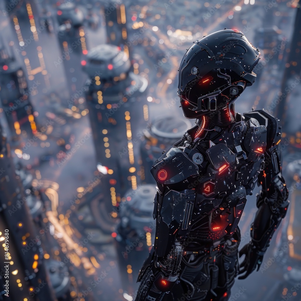A Futuristic Cyborg Enveloped in Gleaming Technological Splendor Against a Vibrant Cityscape