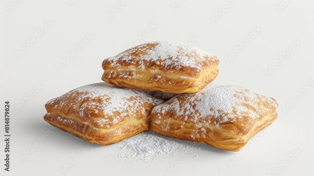 Elegant Beignets on white background realistic French Quarter specialty close-up theme 3D render Tetradic color scheme Elegant Beignets on white background realistic French Quarter specialty close-up theme 3D render Tetradic color scheme