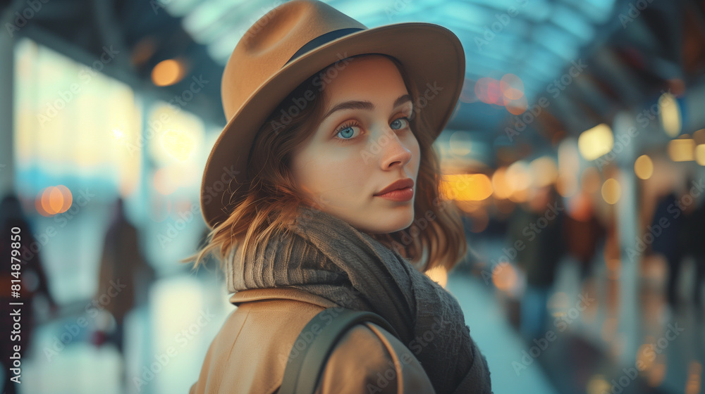 In this chic portrait, a young Asian woman wearing a hat reflects the excitement of travel at an airport terminal. In this chic portrait, a young Asian woman wearing a hat reflects the excitement of travel at an airport terminal.