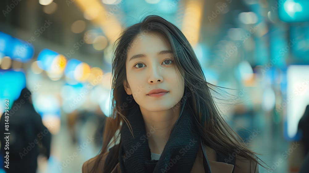 A young Asian woman stands in an airport, her demeanor and fashion showcasing the thrill of travel and cultural beauty. A young Asian woman stands in an airport, her demeanor and fashion showcasing the thrill of travel and cultural beauty.
