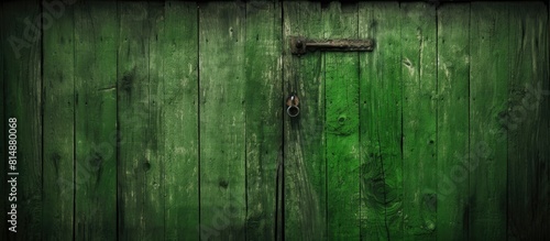 An aged wooden door adorned in an inviting shade of green is showcased in this captivating copy space image