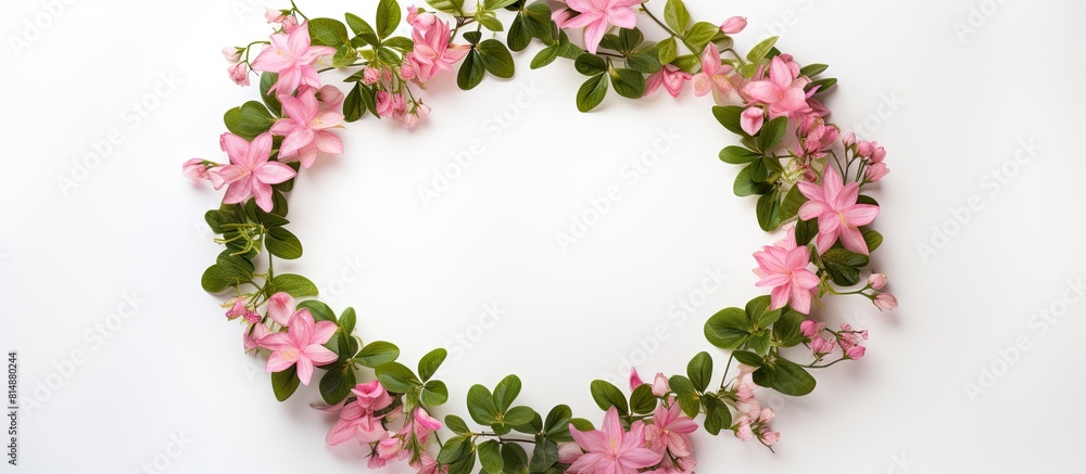 A floral arrangement with pink flowers and green leaves forms a frame on a white backdrop leaving empty space for text This top view flat lay offers a visually pleasing copy space image A floral arrangement with pink flowers and green leaves forms a frame on a white backdrop leaving empty space for text This top view flat lay offers a visually pleasing copy space image