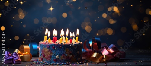 A beautiful holiday image with lit candles and festive decorations is a copy space for happy birthday greetings to a 10 year old child © StockKing