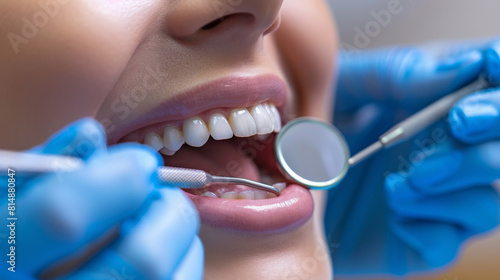 A close-up of a child s smiling face as they sit in a dentist s chair during a routine dental check-up. The dentist  holding a tooth-shaped mirror and explorer  examines the child s teeth with care 