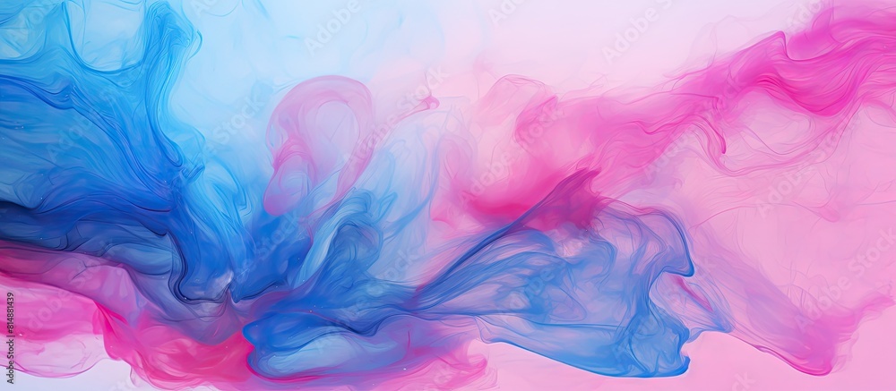 Fototapeta premium A captivating copy space image featuring a mesmerizing blend of pink and blue liquid paint creating a swirling marble effect through creative and fluid painting techniques