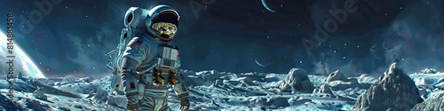 Space Exploration: Create images depicting space exploration, with astronauts in futuristic spacesuits exploring alien landscapes or working on spacecraft photo