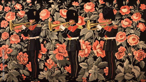 Intricate Floral Tapestry Illustration with Roses, Trumpets, and Bearskin Hats photo