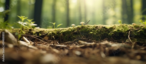 A close up image of a bump on the forest ground capturing the beauty of the natural landscape with a low point of view and a serene ecology environment in the background making it a perfect copy spac