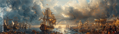 A painting depicting a large fleet of ships at sea, with dark clouds overhead and a stormy sky photo