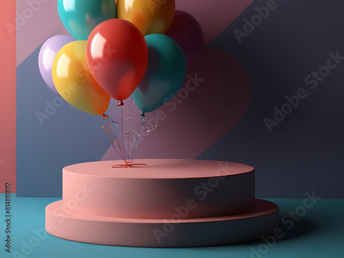 Abstract empty podium surrounded by vibrant balloons on pastel background. 3D render of minimal mockup stand for product presentation and advertising template. Generative AI.