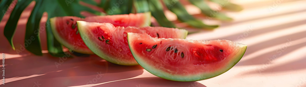 sweet watermelon slices arranged on a table, with a pink shadow in the background sweet watermelon slices arranged on a table, with a pink shadow in the background