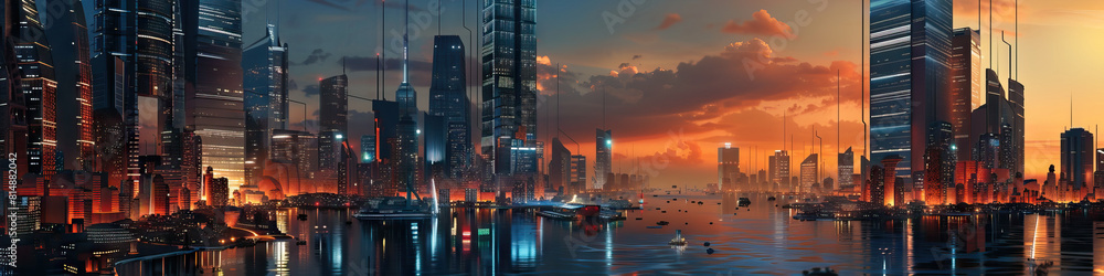Fototapeta premium Futuristic Cityscapes: Illustrate futuristic cityscapes with advanced architecture, transportation, and technology, showcasing a vision of tomorrow's urban life.