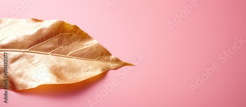 Closeup of an edible gold leaf sheet on a pink background providing space for text in the image. Copyspace image