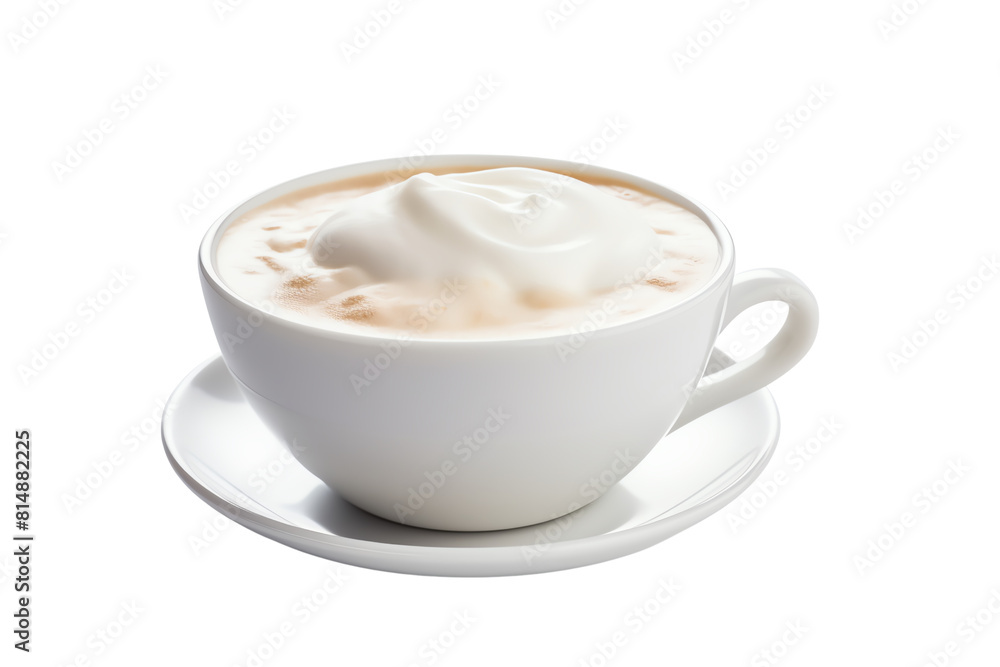 Cappuccino with milk foam in a white cup on a white saucer. Cappuccino with milk foam in a white cup on a white saucer.