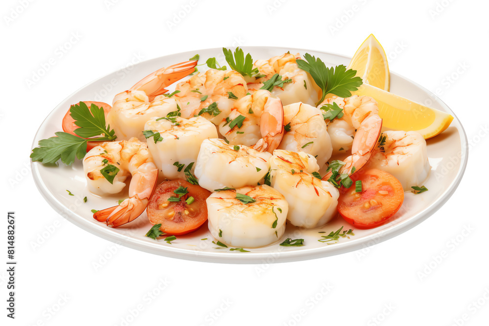 plate of cooked shrimp and scallops with lemon and parsley plate of cooked shrimp and scallops with lemon and parsley