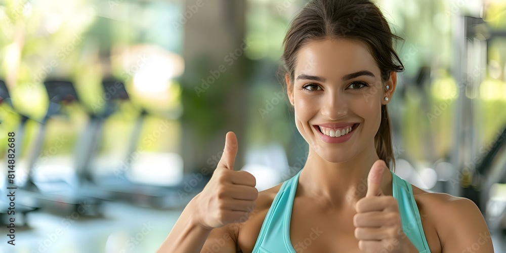 Caucasian female fitness trainer giving thumbs up in gym setting. Concept Fitness, Trainer, Caucasian, Thumbs Up, Gym Setting Caucasian female fitness trainer giving thumbs up in gym setting. Concept Fitness, Trainer, Caucasian, Thumbs Up, Gym Setting