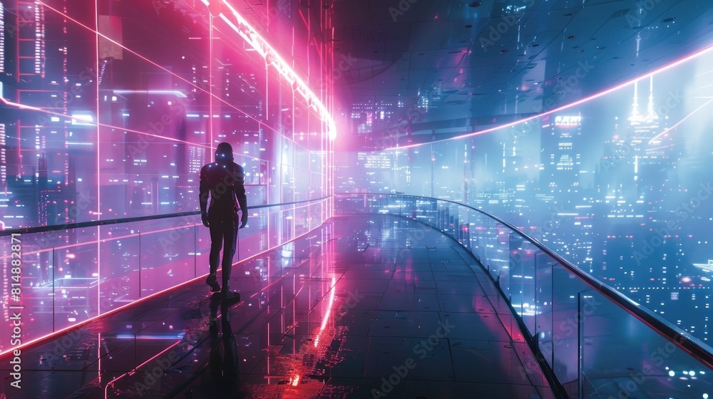 Futuristic Cyborg in Vivid Neon Lit Technoscape with Seamless Exoskeleton