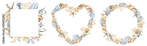 Tableau sur toile Seashell frames with starfish, corals and cockleshells for greeting cards or invitations