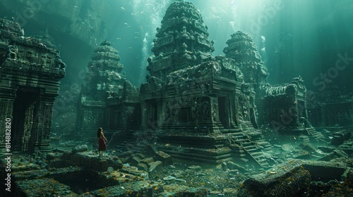 female archeologist exploring a sunken city in search of underwater artifacts