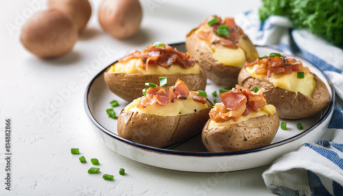 Baked stuffed potatoes with bacon, melting cheese and chives on white cooking table. Tasty food
