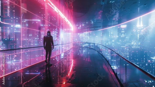 Futuristic Cyborg in Vivid Neon Lit Technoscape with Seamless Exoskeleton © Sittichok