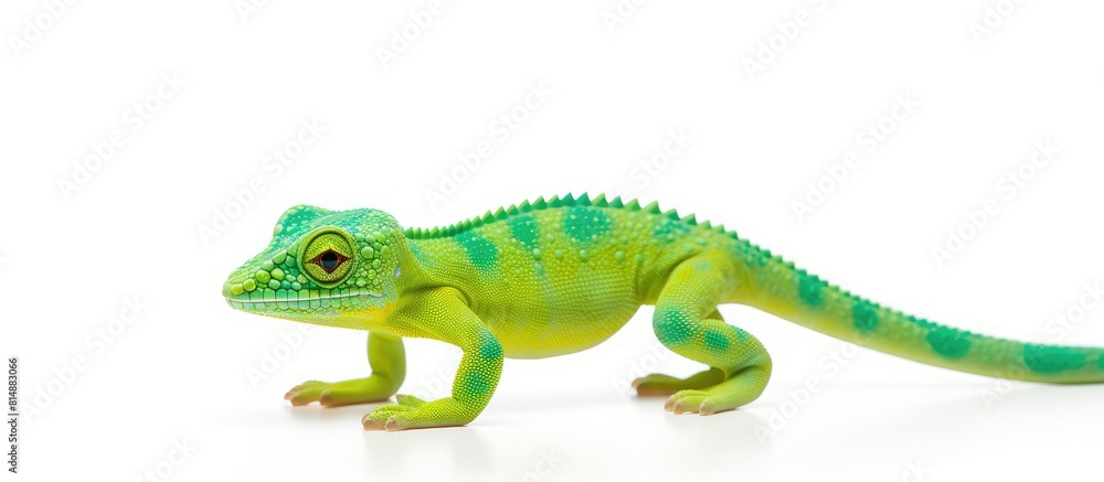 Naklejka premium A toy lizard designed for children featuring green spots on its body isolated on a white surface for a copy space image
