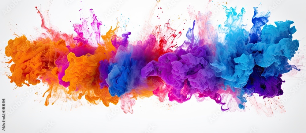 An explosive burst of colorful powder creates an abstract splatter pattern on a pristine white background resulting in a stunning and vibrant image with plenty of copy space An explosive burst of colorful powder creates an abstract splatter pattern on a pristine white background resulting in a stunning and vibrant image with plenty of copy space