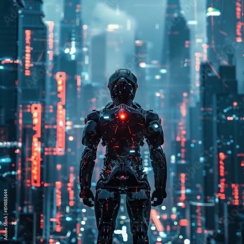 Cyborg Enhancements Amid Sleek Futuristic Architecture and Neon Cityscape © Sittichok