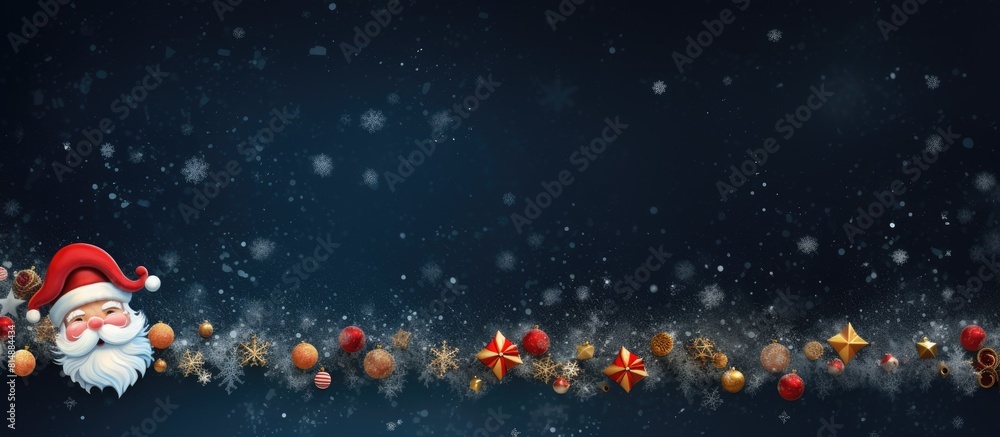 A festive Christmas themed image with a Santa hat and decorations for Christmas and New Year It features a flat lei resting on a dark blue background as seen from the top. Copyspace image A festive Christmas themed image with a Santa hat and decorations for Christmas and New Year It features a flat lei resting on a dark blue background as seen from the top. Copyspace image