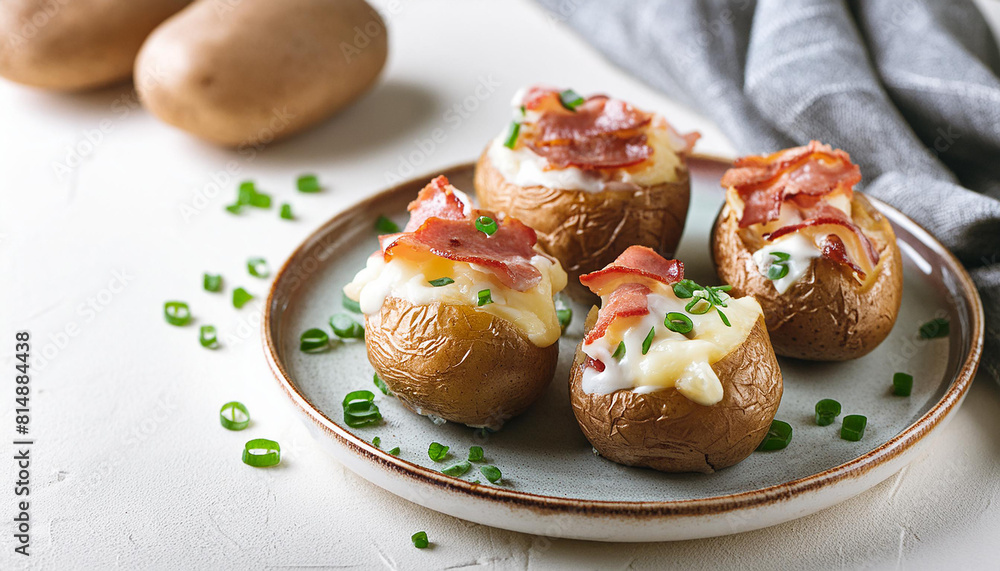 Baked stuffed potatoes with bacon, melting cheese and chives on white cooking table. Tasty food Baked stuffed potatoes with bacon, melting cheese and chives on white cooking table. Tasty food
