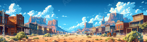 A dusty old western town stands in the middle of a vast desert photo