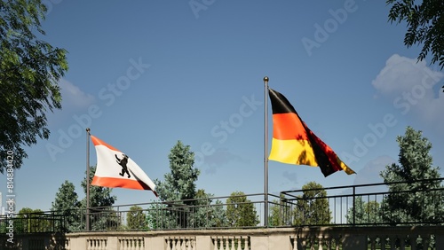 Modellazione 3D  di un balcone storico con bandiera Germania e Berlino al vento photo