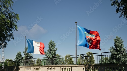 Modellazione 3D  di un balcone storico con bandiera Francia e Parigi al vento