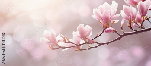 A beautiful spring image of a flowering magnolia branch with soft pink blossoms There is a pleasing bokeh effect in the background and plenty of space for text or graphics. Copyspace image